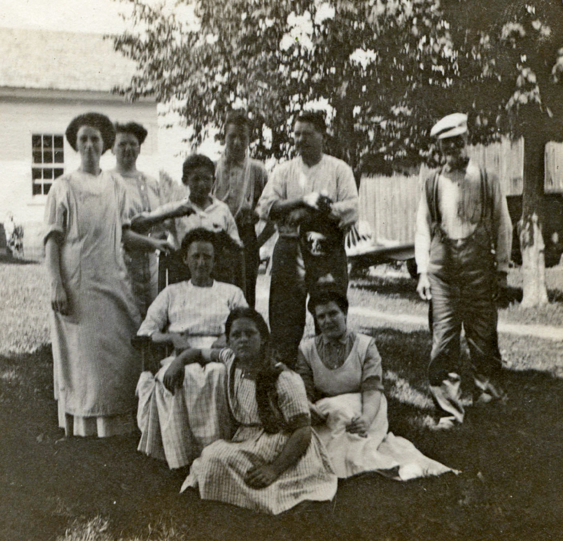 The Farm 1909? (Mary Kelly, Aunt Maude, Dexter, Homer, D.D.A., Valentine Yanksiski, Jennie Ashley, Helen Ashley, Ryiuah